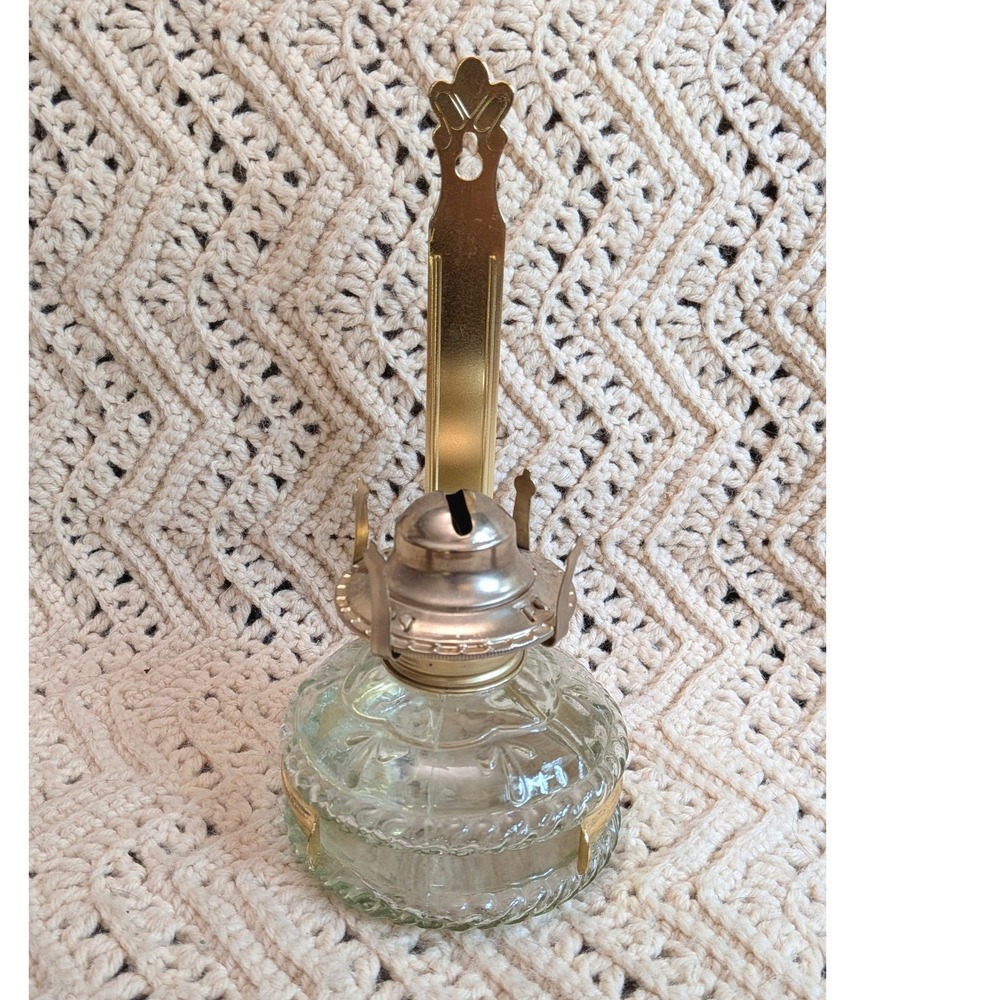 Vintage‎ Miniature Oil Lamp Clear Pressed Glass Brass Wall Mount Made Hong Kong